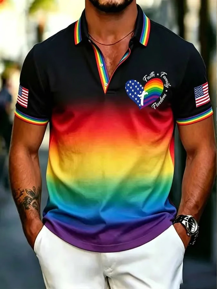 Retro Pride Month Rainbow Art Printed Retro Round Neck Short Sleeves Polo-Shirt